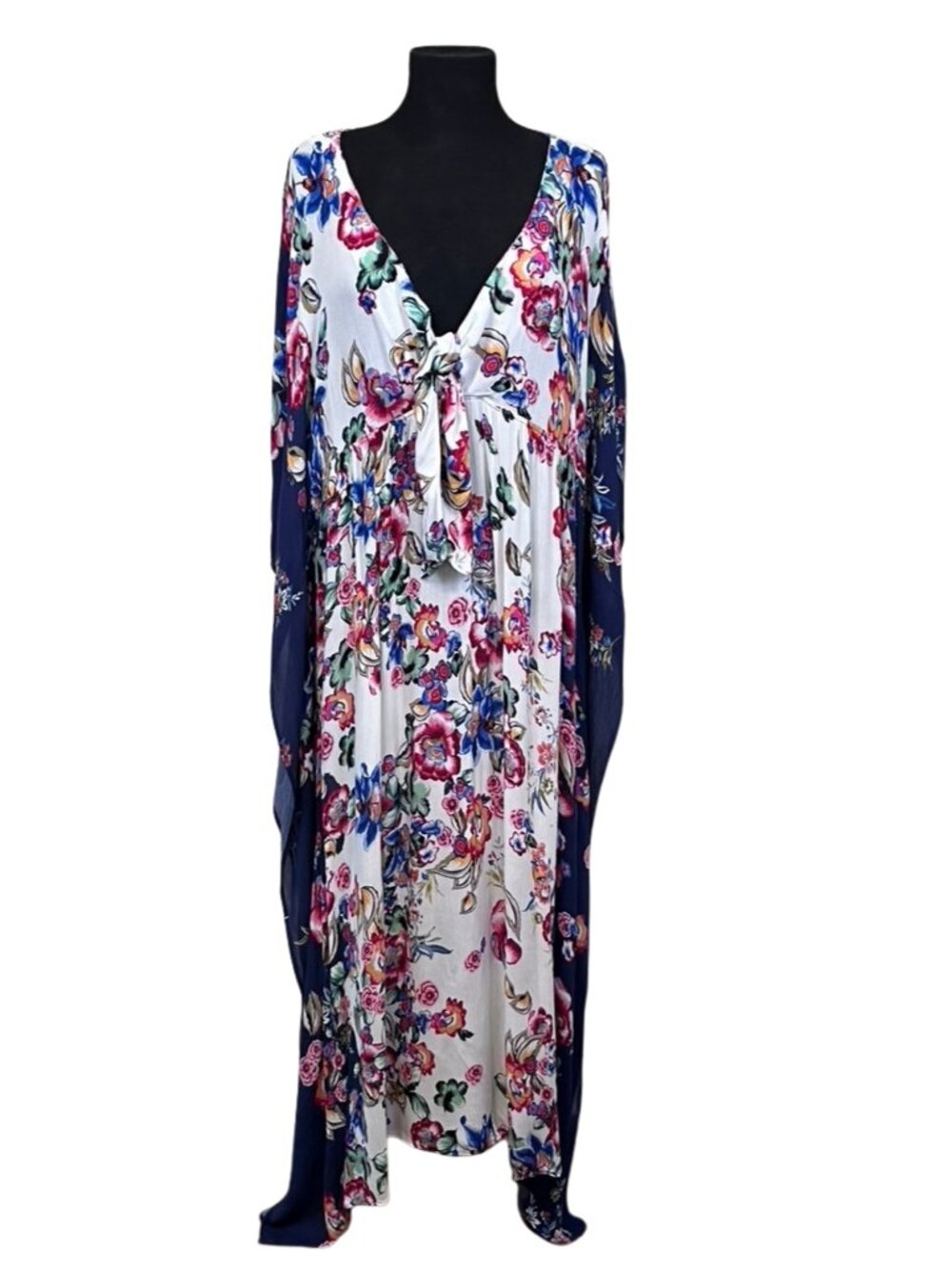 Johnny Was California Floral Tie Front Kaftan Maxi Dress XL Navy White